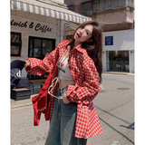 现货2025秋季新款复古红色格子长袖衬衫CS2532-特P35，女装衬衫，星座418-2