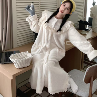 Public republic韩国简约毛绒加绒甜美长款睡袍浴袍家居服家居裙