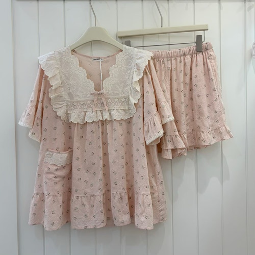 Public republic韩国夏季纯棉甜美刺绣花边樱桃碎花家居服睡衣