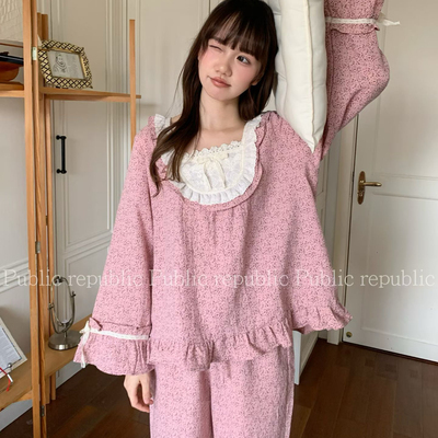 Public re public韩国棉纱纯棉小清新碎花公主风花边家居服睡衣