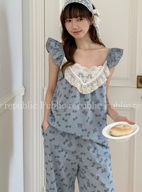 Public republic韩国纯棉甜美少女可爱蝴蝶结吊带背影家居服睡衣
