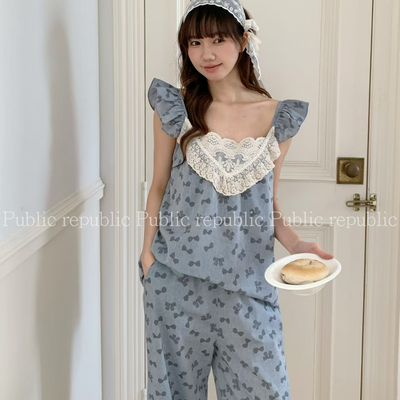 Public republic韩国纯棉甜美少女可爱蝴蝶结吊带背影家居服睡衣