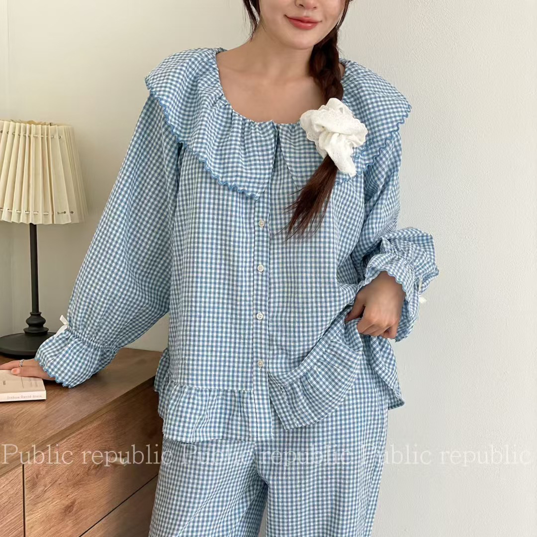 Public republic韩国纯棉刺绣花边格子娃娃领开衫家居服睡衣套装