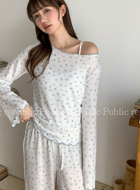 Public re Public韩国素雅针织棉碎花吊带三件套家居服睡衣带胸垫