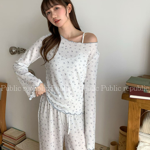 Public re Public韩国素雅针织棉碎花吊带三件套家居服睡衣带胸垫