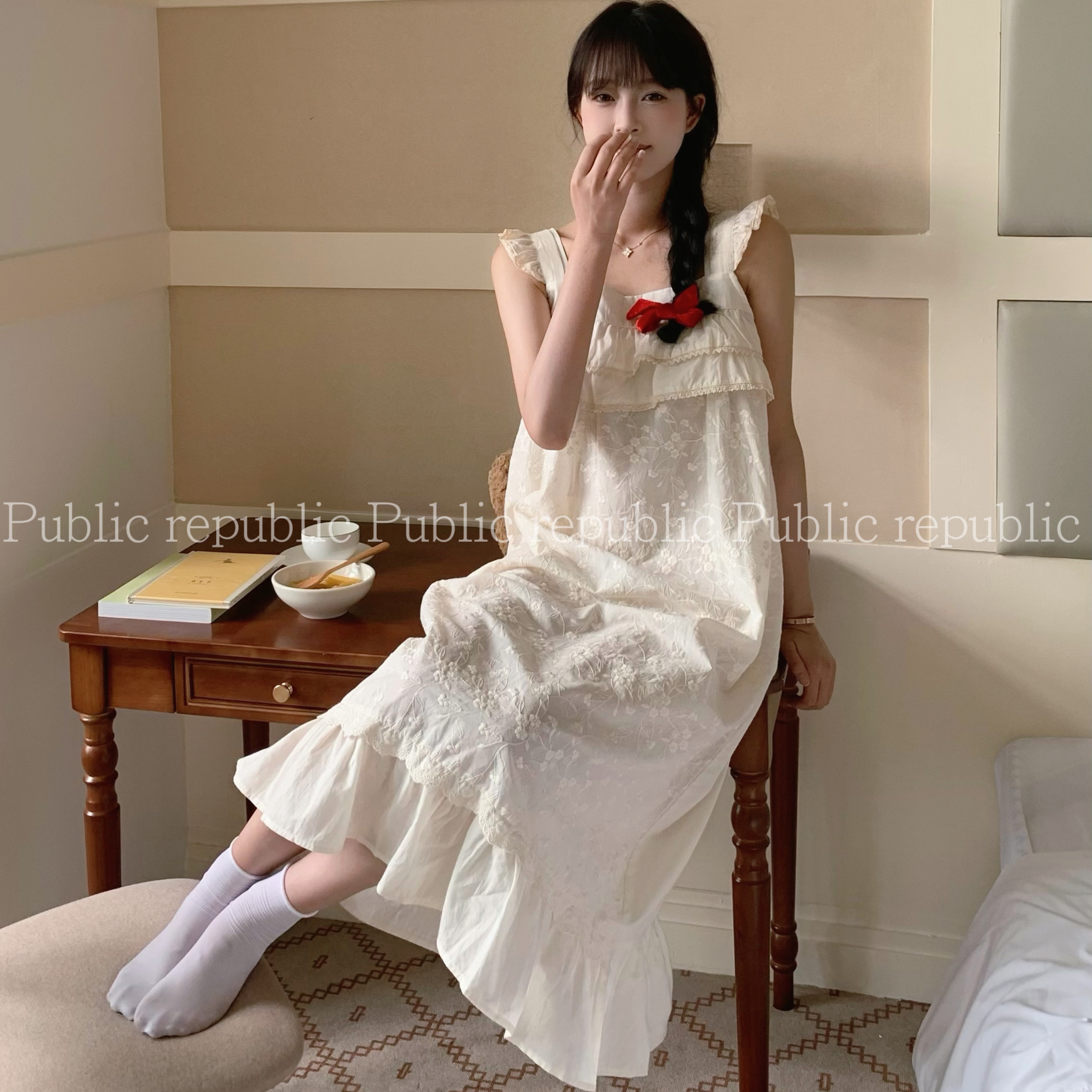 Public re Public夏季韩国纯棉纯欲花边吊带刺绣花睡衣睡裙家居服