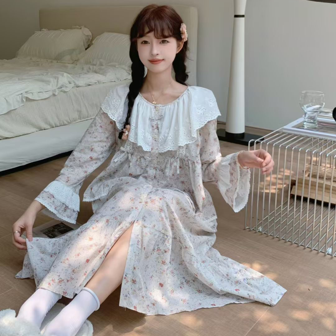 Public republic韩国早秋纯棉碎花小清新荷叶花边睡裙家居服睡衣