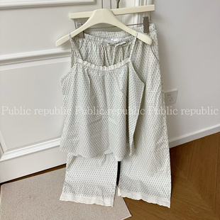 Public republic韩国纯棉碎花蕾丝花边小清新吊带套装家居服睡衣