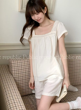 Public republic韩国夏季纯棉简约甜美花边方领少女家居服睡衣