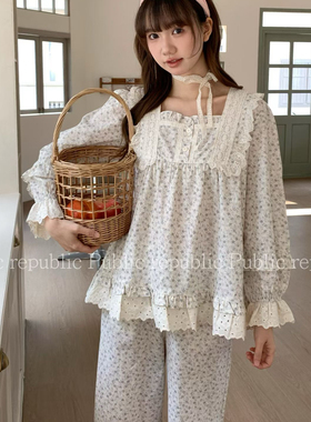 Public republic韩国纯棉甜美森系蕾丝花边小清新碎花家居服睡衣