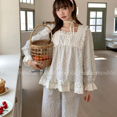 Public republic韩国纯棉甜美森系蕾丝花边小清新碎花家居服睡衣