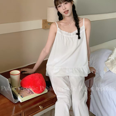 Public republic夏季韩国纯棉简约花边吊带背心家居服套装睡衣女