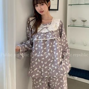 Public republic韩国春秋纯棉甜美可爱小兔子花边荷叶边家居服女
