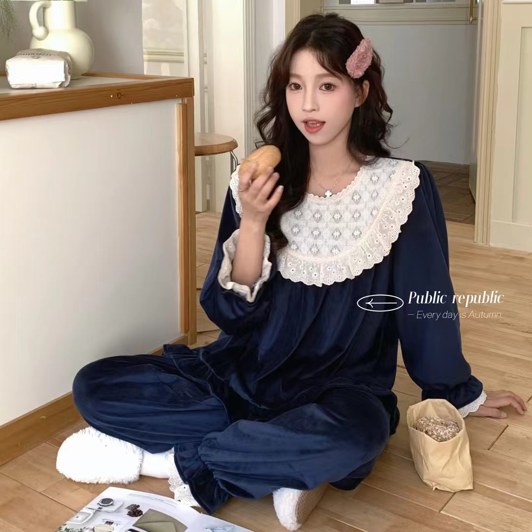 Public republic韩国秋冬银狐绒薄绒甜美少女公主花边家居服睡衣