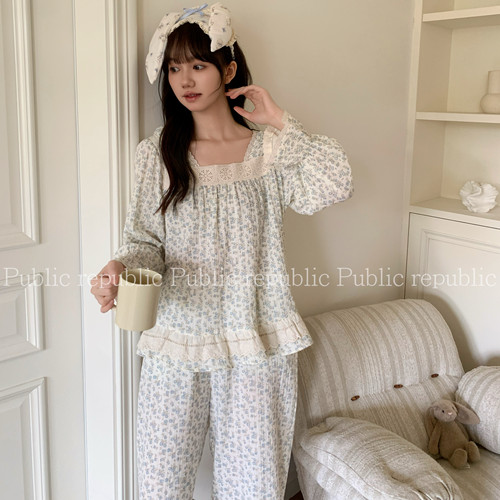 Public republic韩国纯棉纱布田园风花边碎花棉皱棉纱家居服睡衣
