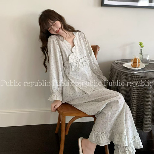 Public republic韩国秋季纯棉温柔日式绑带碎花开衫家居服睡衣女