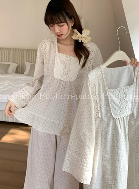 Public republic韩国纯棉梭织棉森系少女刺绣花边碎花家居服睡衣