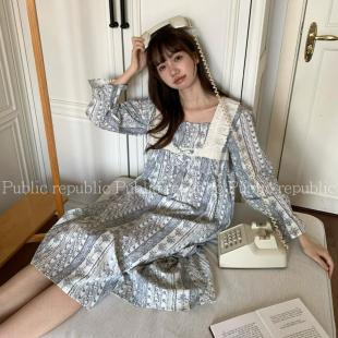 Public republic韩国纯棉复古碎花甜美方领少女花边家居服睡裙女