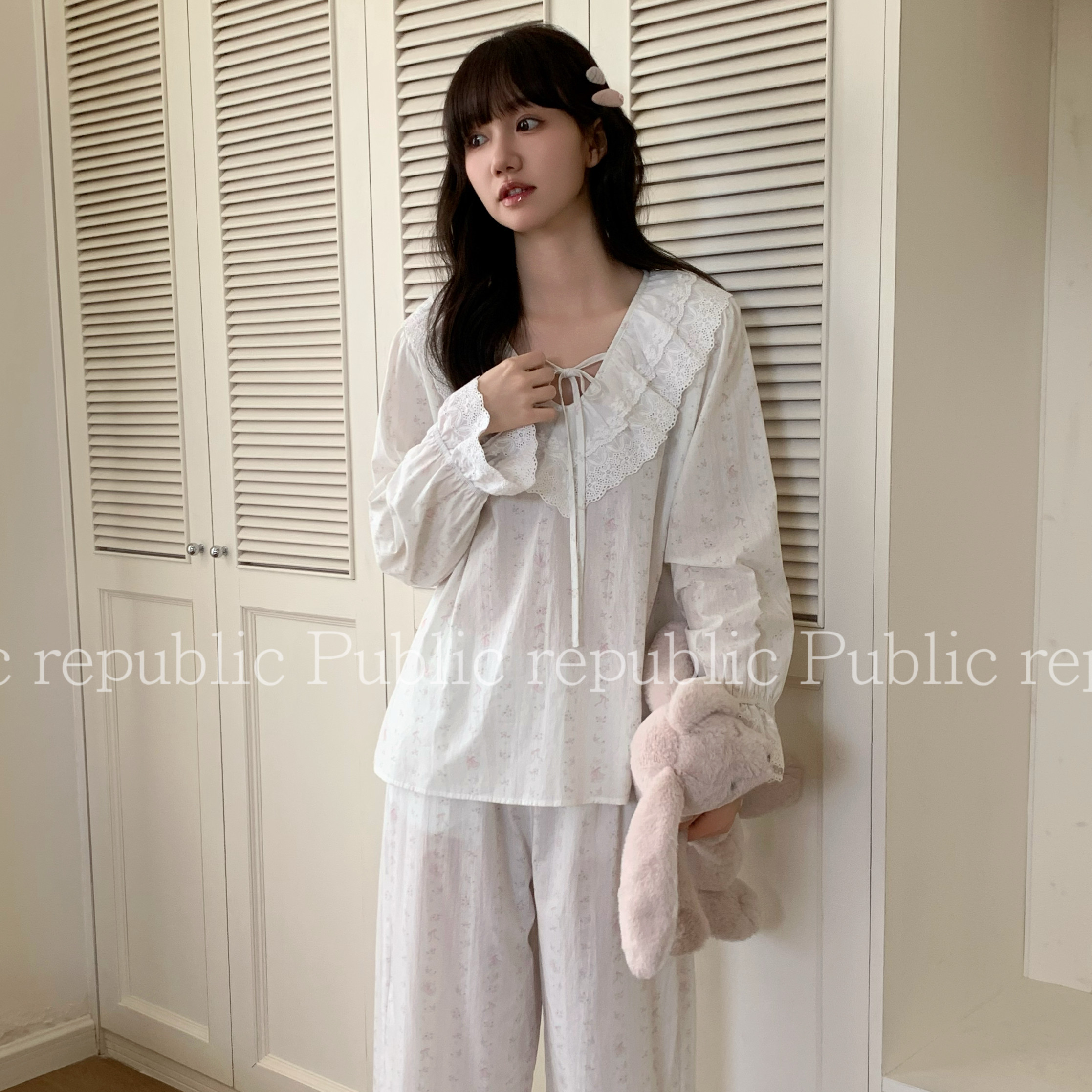Public republic韩国纯棉小清新竖条纹小兔子荷叶花边家居服睡衣