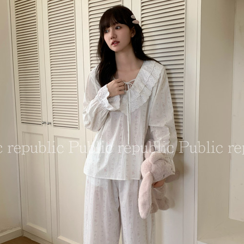 Public republic韩国纯棉小清新竖条纹小兔子荷叶花边家居服睡衣