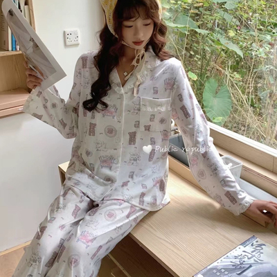 Public re Public针织棉甜美可爱小兔子小熊花边睡衣套装家居服女