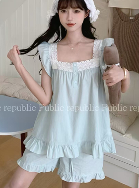 Public republic夏季韩国纯棉简约小飞袖花边背心家居服套装睡衣