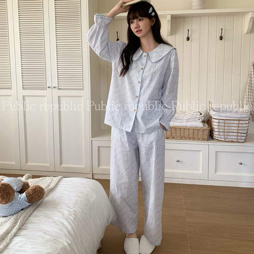 Public republic韩国早秋纯棉温柔花朵碎花海军领开衫家居服睡衣