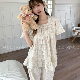 Public republic韩国夏季纯棉甜美宫廷风森系花边碎花家居服套装