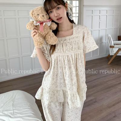 Public republic韩国夏季纯棉甜美宫廷风森系花边碎花家居服套装