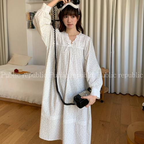 Public republic韩国纯棉小清新甜美可爱猫咪刺绣花边家居服睡裙