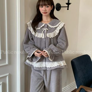 Public republic韩国保暖加绒毛绒荔枝绒花边娃娃领开衫家居服女