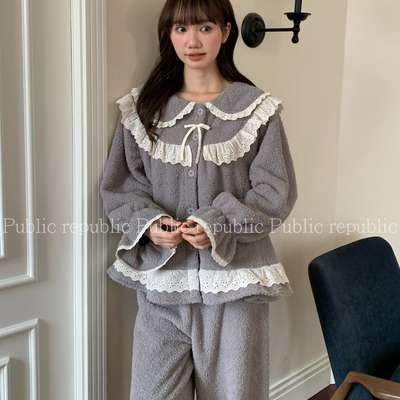 Public republic韩国保暖加绒毛绒荔枝绒花边娃娃领开衫家居服女