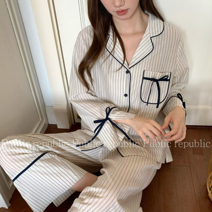 Public republic韩国纯棉简约竖条纹蝴蝶结小香风开衫家居服睡衣
