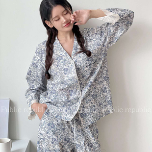 Public republic秋季韩国纯棉简约素雅花卉花边开衫家居服睡衣女