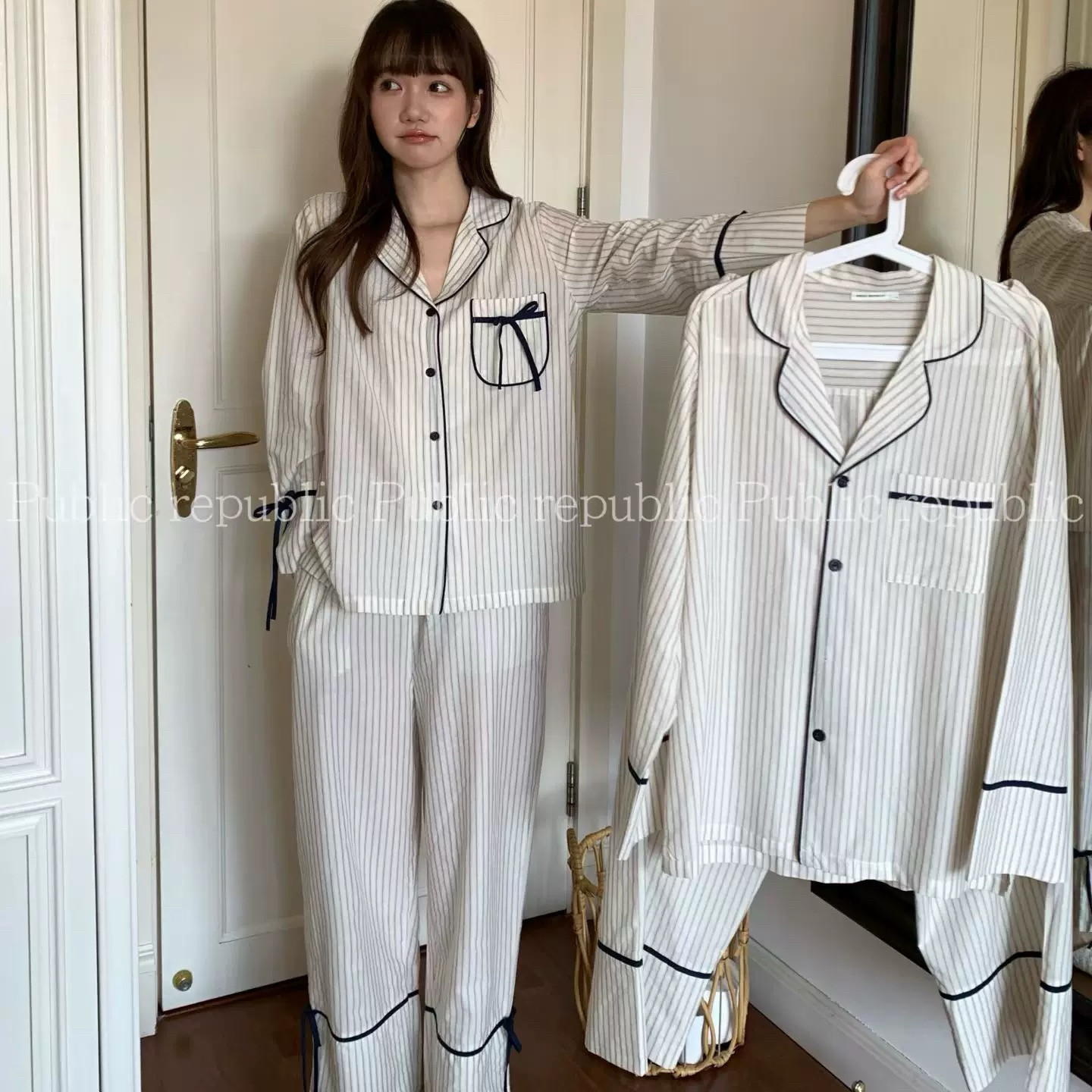 Public republic韩国纯棉简约竖条纹小香风开衫气质家居服睡衣女