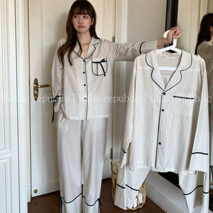 Public republic韩国纯棉简约竖条纹小香风开衫气质家居服睡衣女