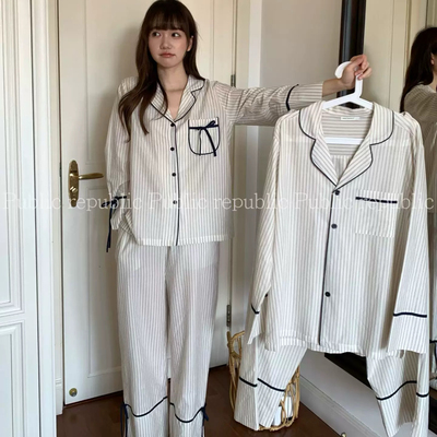 Public republic韩国纯棉简约竖条纹小香风开衫气质家居服睡衣女