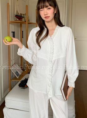 Public republic韩国秋季纯棉简约蕾丝花边刺绣开衫家居服睡衣女