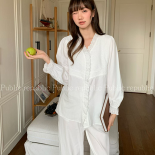 Public republic韩国秋季纯棉简约蕾丝花边刺绣开衫家居服睡衣女