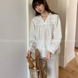 Public republic韩国纯棉小清新甜美可爱动物刺绣花边家居服睡衣