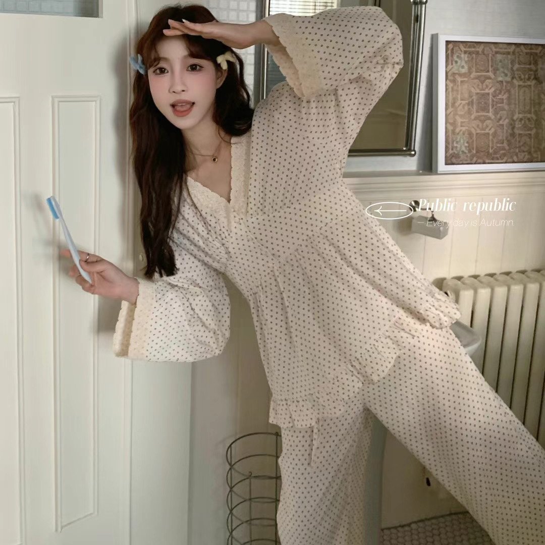Public re public韩国纯棉小清新V领波点圆点蕾丝花边家居服睡衣