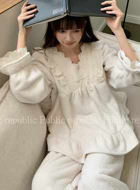 Public republic韩国冬季保暖加绒荔枝绒珊瑚绒花边家居服套装女
