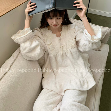 Public republic韩国冬季保暖加绒荔枝绒珊瑚绒花边家居服套装女