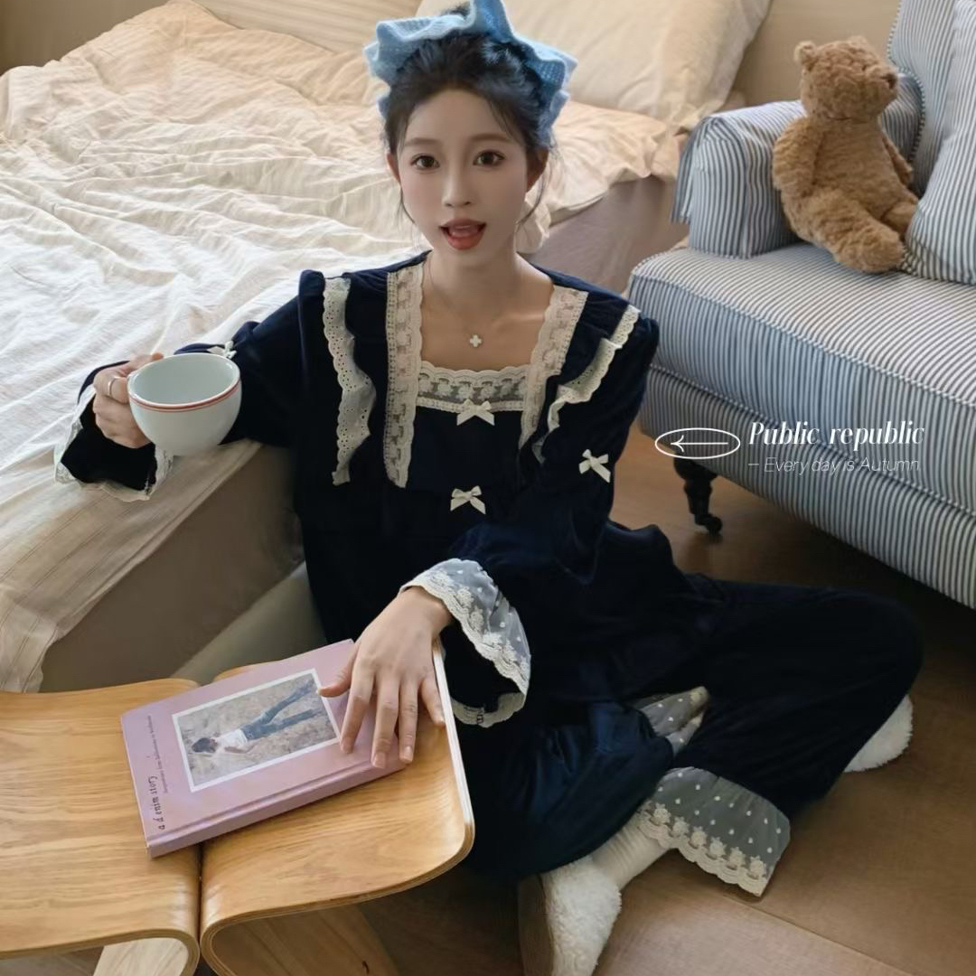 Public republic韩国海岛绒薄绒柔软法式宫廷蕾丝花边家居服睡衣