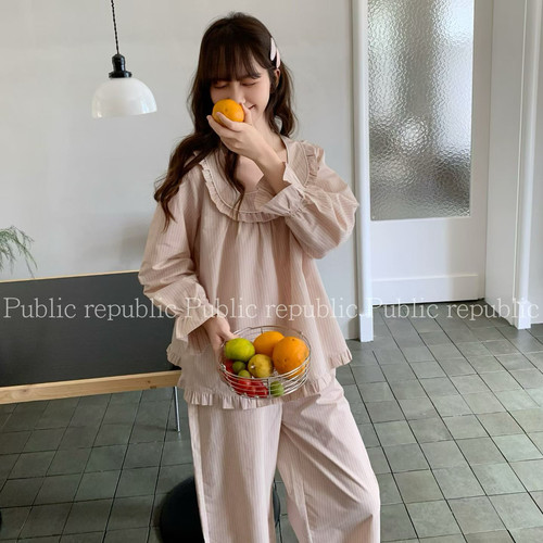 Public republic韩国秋纯棉简约小清新甜美花边竖条纹家居服睡衣