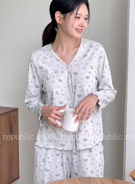 Public republic韩国秋季针织棉可爱小狗蝴蝶结开衫家居服睡衣女