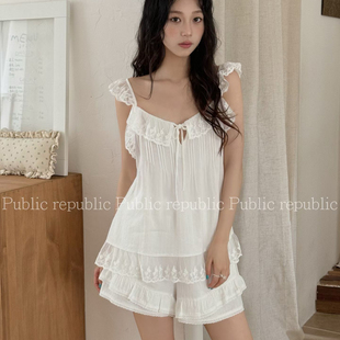 Public republic韩国夏季纯棉甜美性感简约吊带花边家居服睡衣