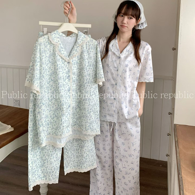 Public republic韩国春夏纯棉小清新可爱小熊花边开衫家居服睡衣
