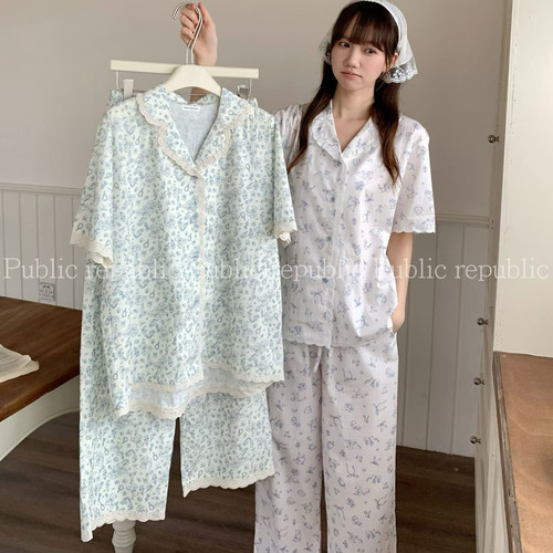 Public republic韩国春夏纯棉小清新可爱小熊花边开衫家居服睡衣