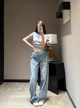 【高品质现货2026新款】大王长裤女口袋破洞蓝色休闲弯刀牛仔裤女